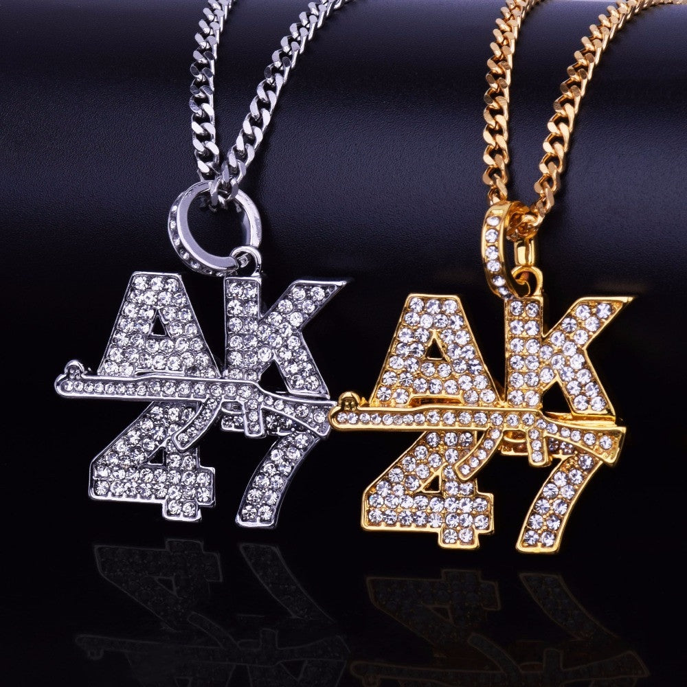 14k Gold Iced Out Cuban Link Ak 47 Pendant Chain Set