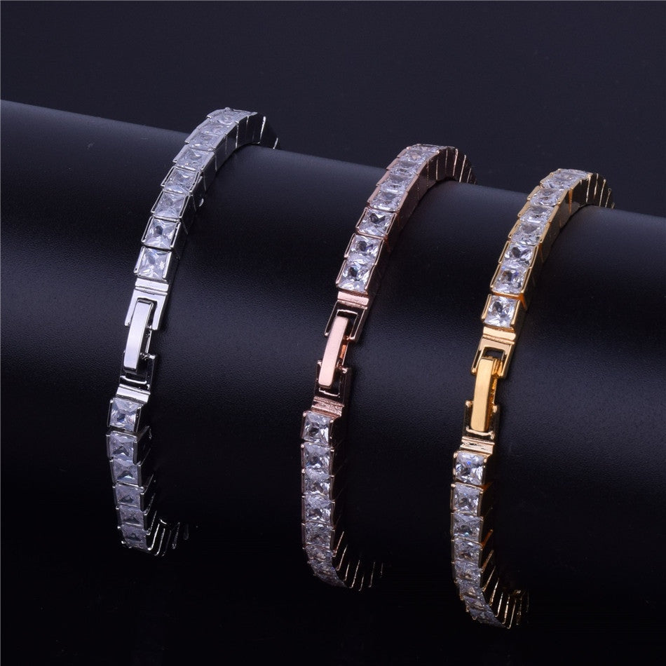 24k Gold Rose .925 Silver 5mm Flooded Ice  AAA Princess Cut Stone Tennis Chain Bling Bracelet