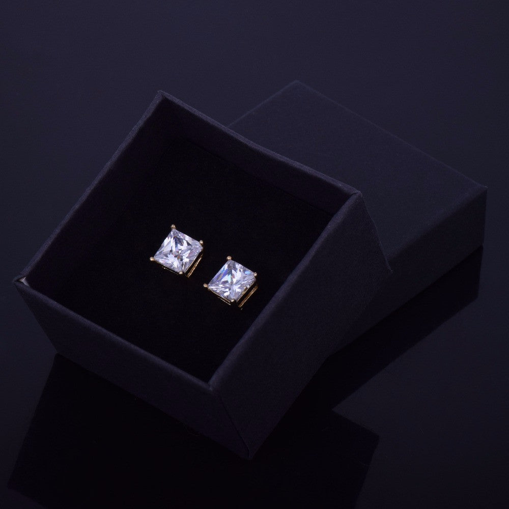 7mm AAA Square Princess Cut Bling CZ 24k 925 Silver Copper Base Hip Hop Earrings