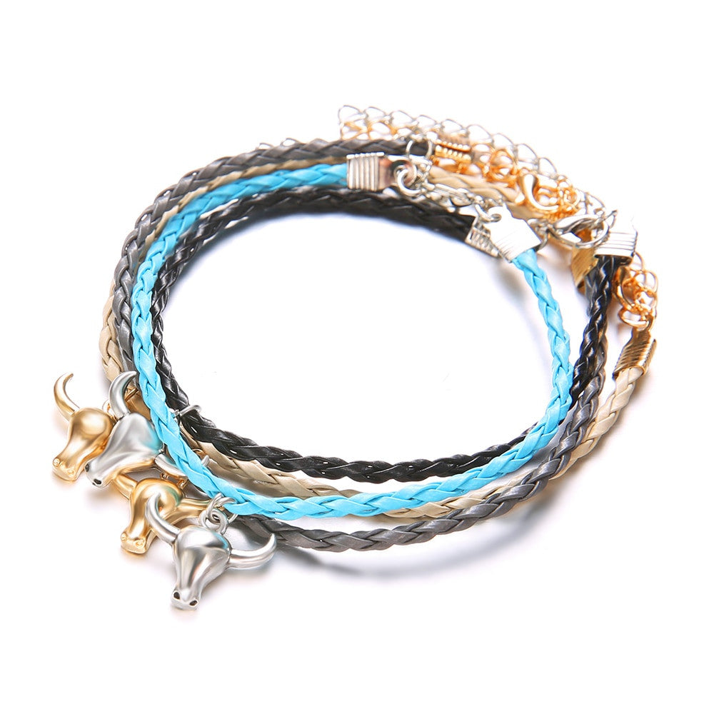 Boho Personality Girl Gold Silver Bull Skull Colorful Leather Braided Bracelet Set