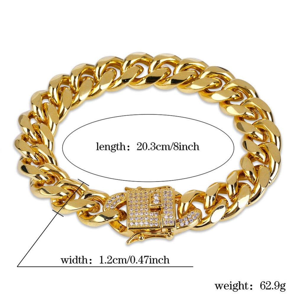 Hip Hop Casual 12mm 14k Gold over Stainless Steel Cuban Chain Bracelet With 1ct  Simulate Diamond Clasp