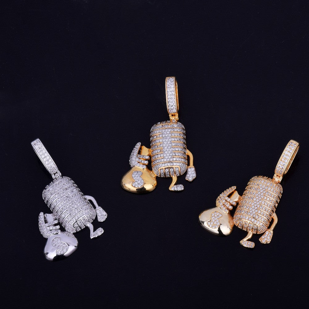 18k Gold .925 Silver Microphone Money Bag Hip Hop Pendant Chain Necklace