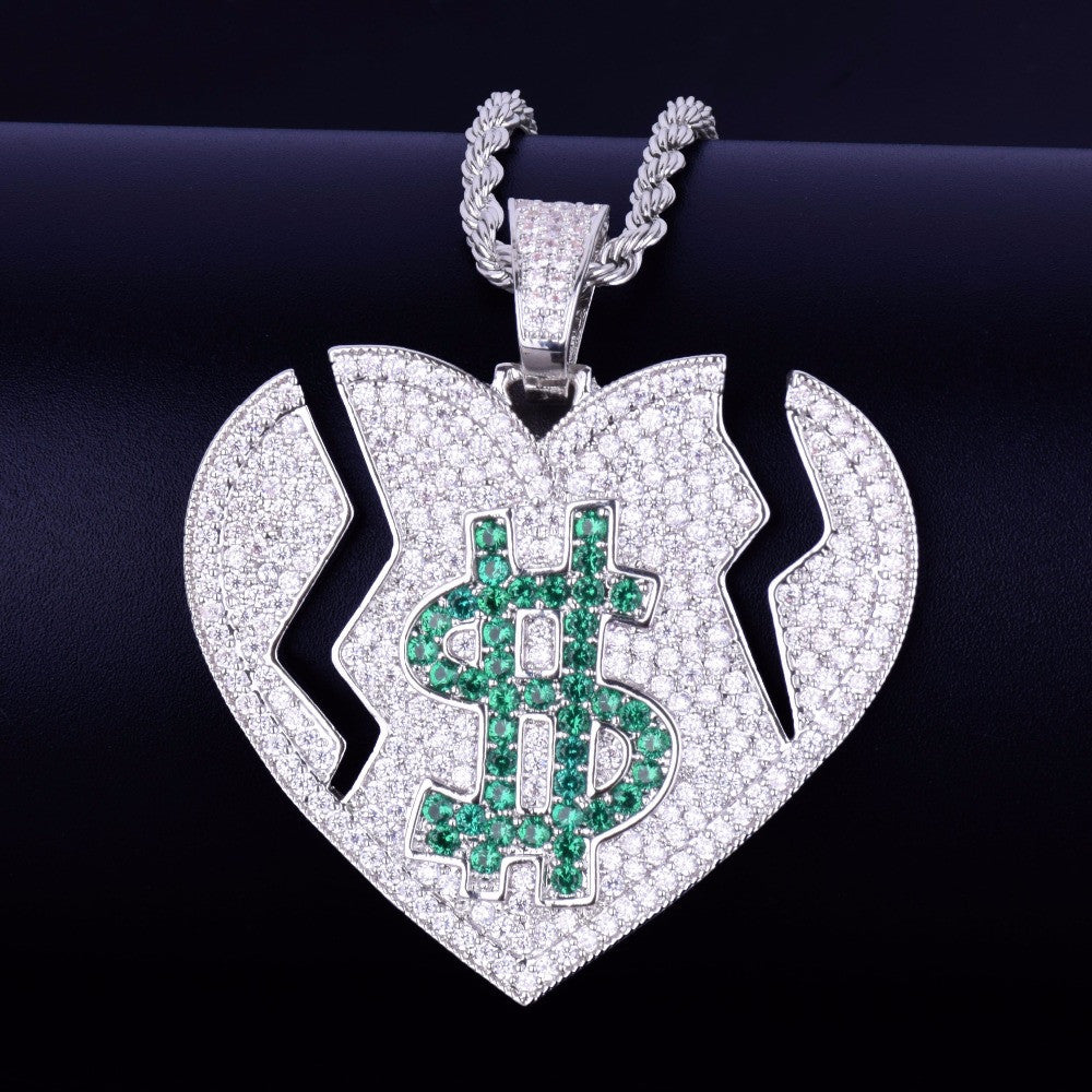 Money Heals Broken Heart 18k Gold .925 Silver Bling AAA True Micro Pave Pendant Chain Necklace