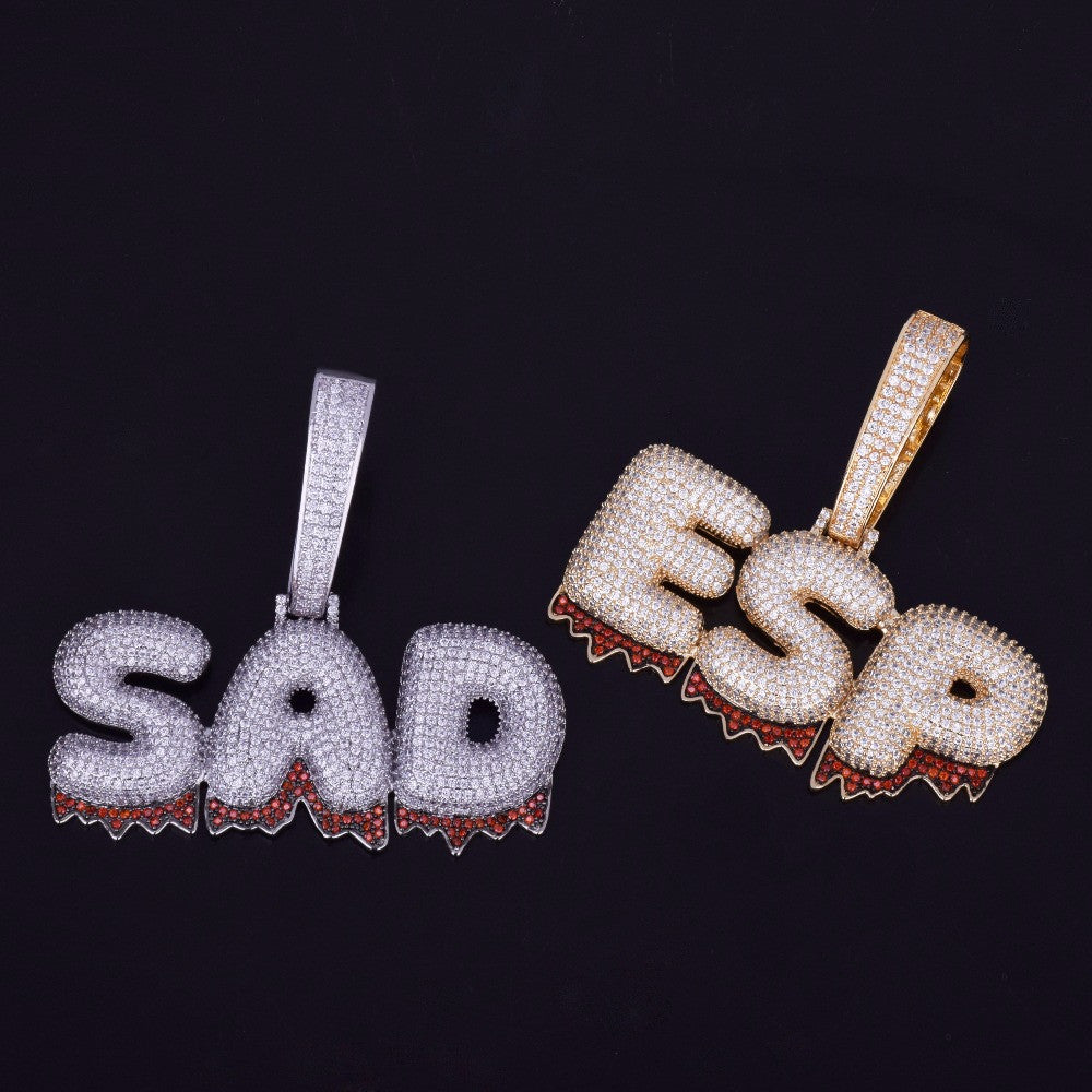 Cuban Link Custom Name Red Blood Drip Drop Bubble Letter Hip Hop Pendant