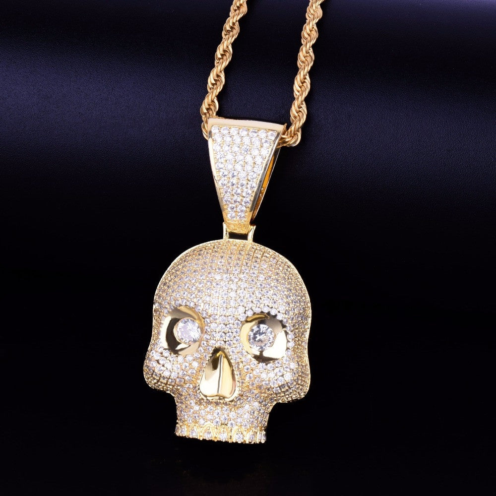 AAA Micro Pave Flooded Ice Eye Skull Head Skull 24k Gold .925 Silver Hip Hop Pendant Chain Necklace
