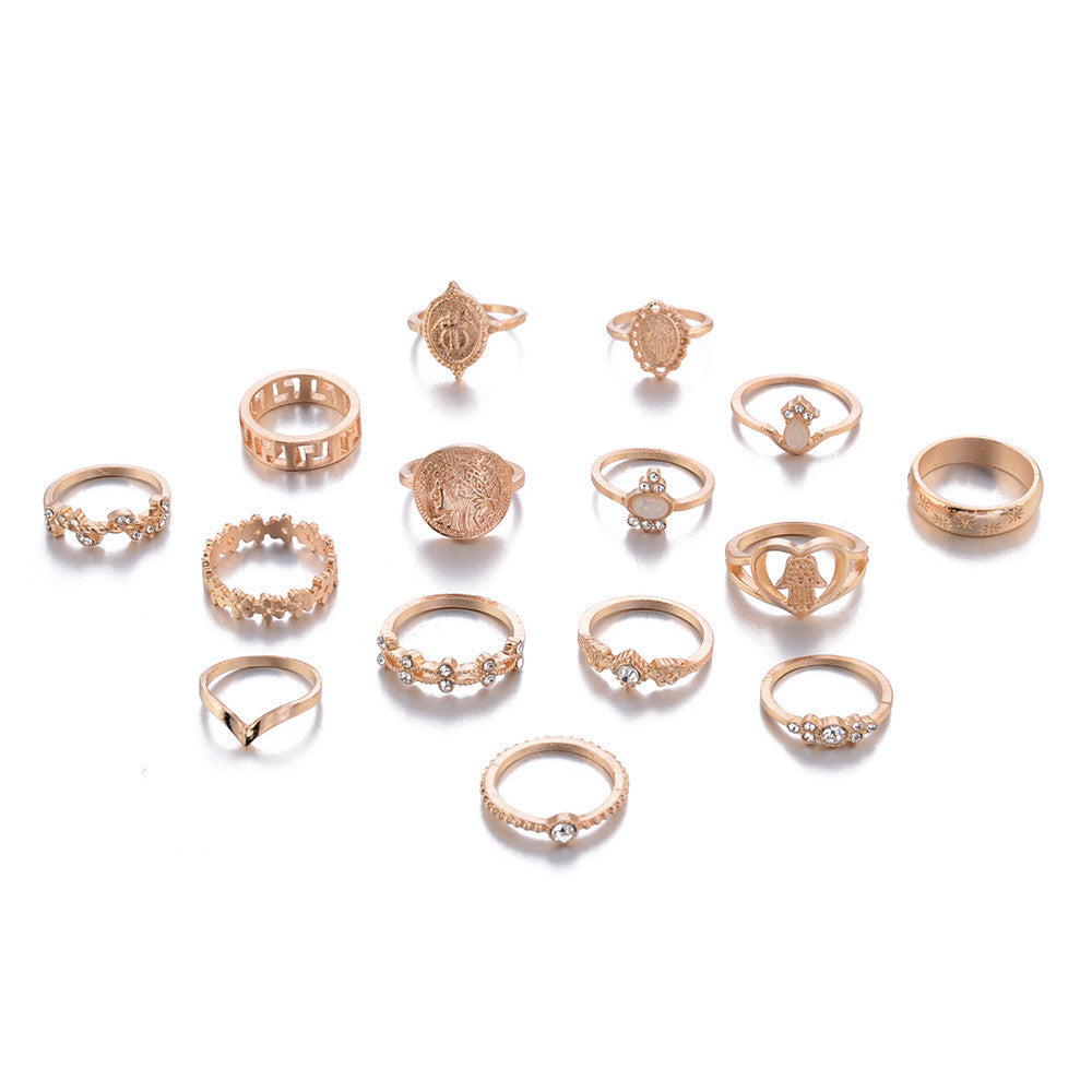 15 Piece Hearts Fatima Hand Virgin Mary Cross Ring Set Gold