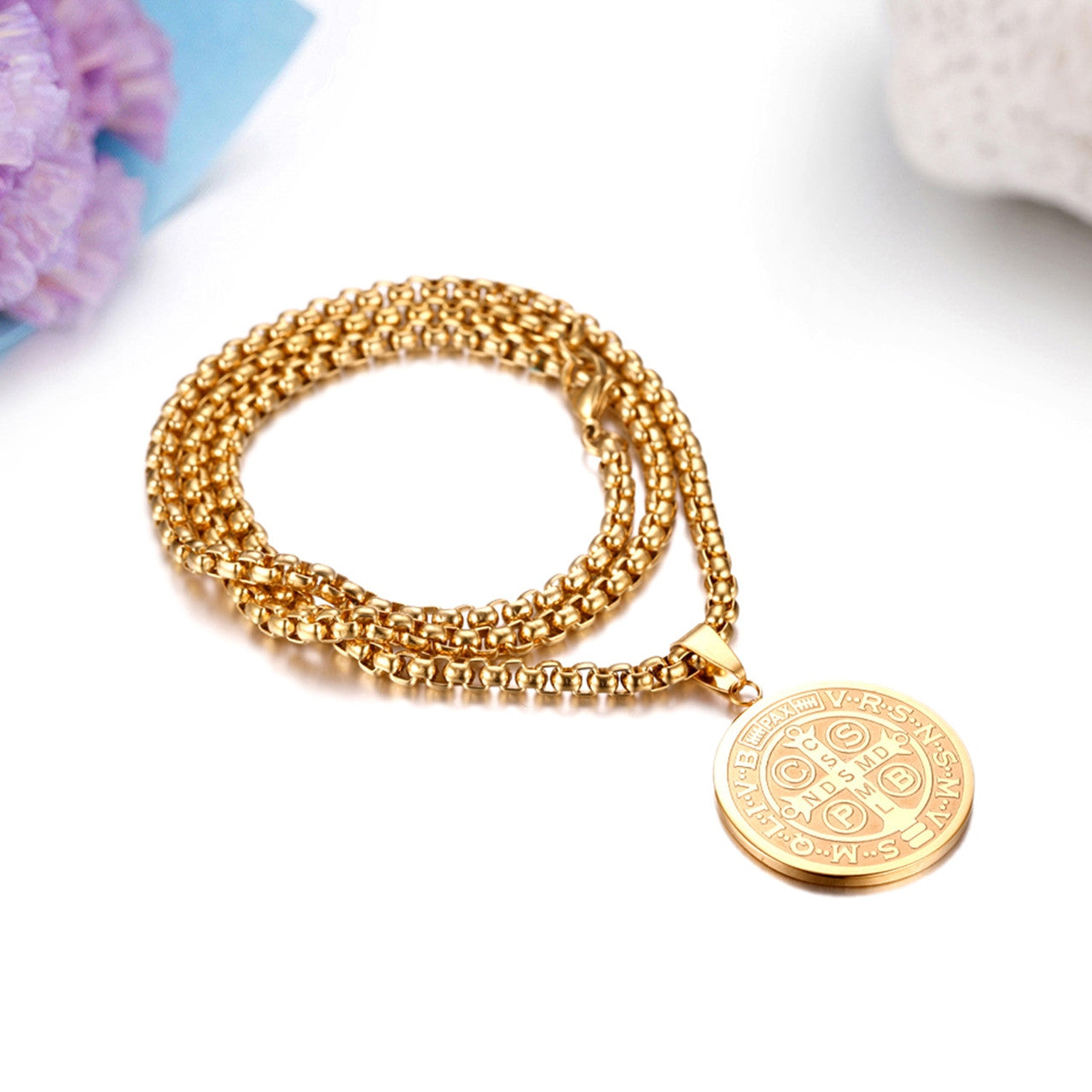 Sentia Mvniamvr St. Saint Benedict No Fade Stainless Steel Christian Pendant Chain Necklace