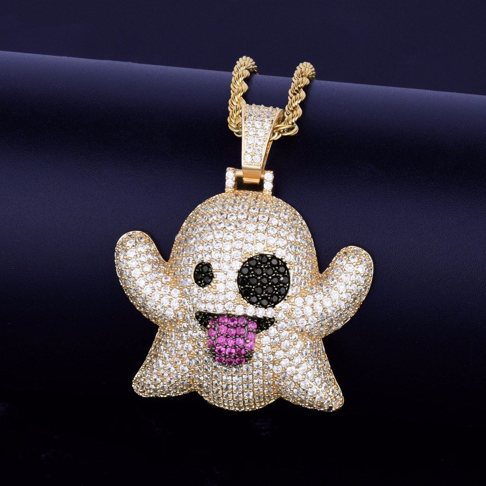 AAA Micro Pave SnapChat Ghost Emoji 18k Gold .925 Silver Hip Hop Chain Neckalce