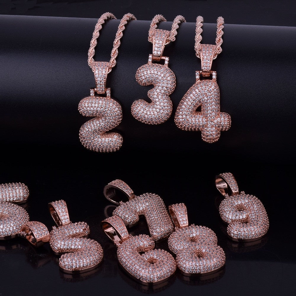 Hip Hop Rose 24k Gold .925 Silver Custom Number AAA Micro Pave Pendant Chain