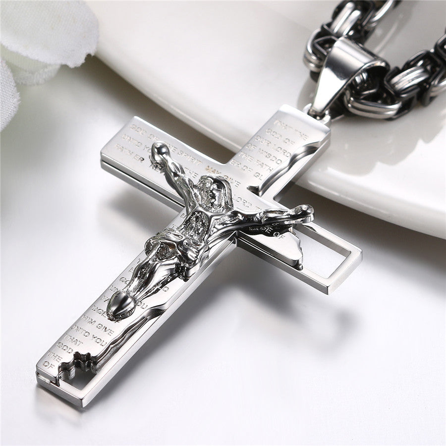 The Lords Prayer Luxury Black Silver Gold over Stainless Steel Jesus Crucifix Cross Pendant Chain Necklace