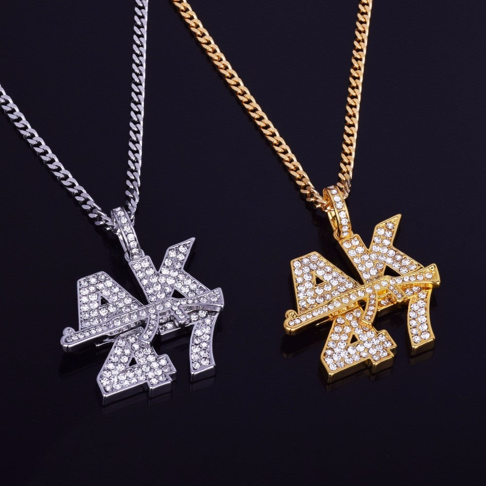 14k Gold Silver Iced Out Cuban Link Ak 47 Pendant Chain Set