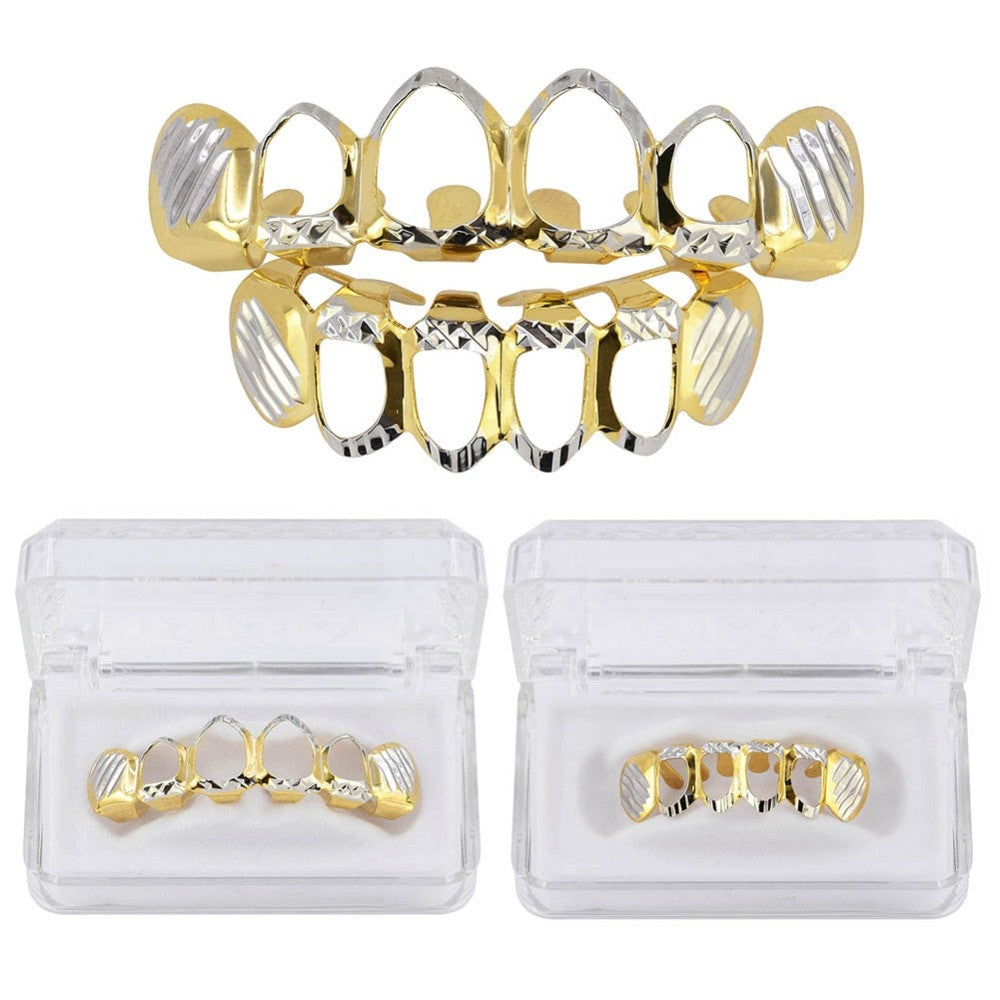 Diamond Cut Open Face Pure 14k Gold GP Grillz Set Top Bottom Hip Hop Hollow Grills