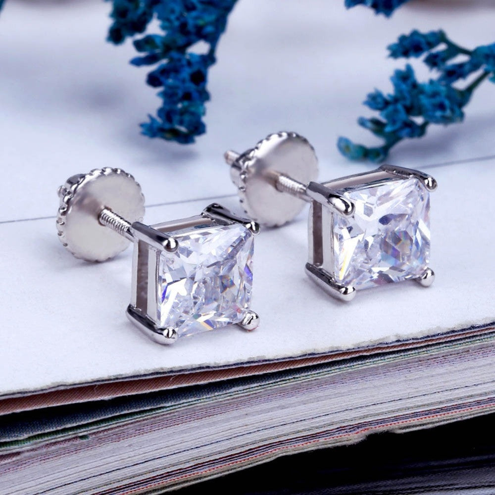 14k Gold / 925 Silver Princess Cut 6mm Simulate Diamond Bling Earrings
