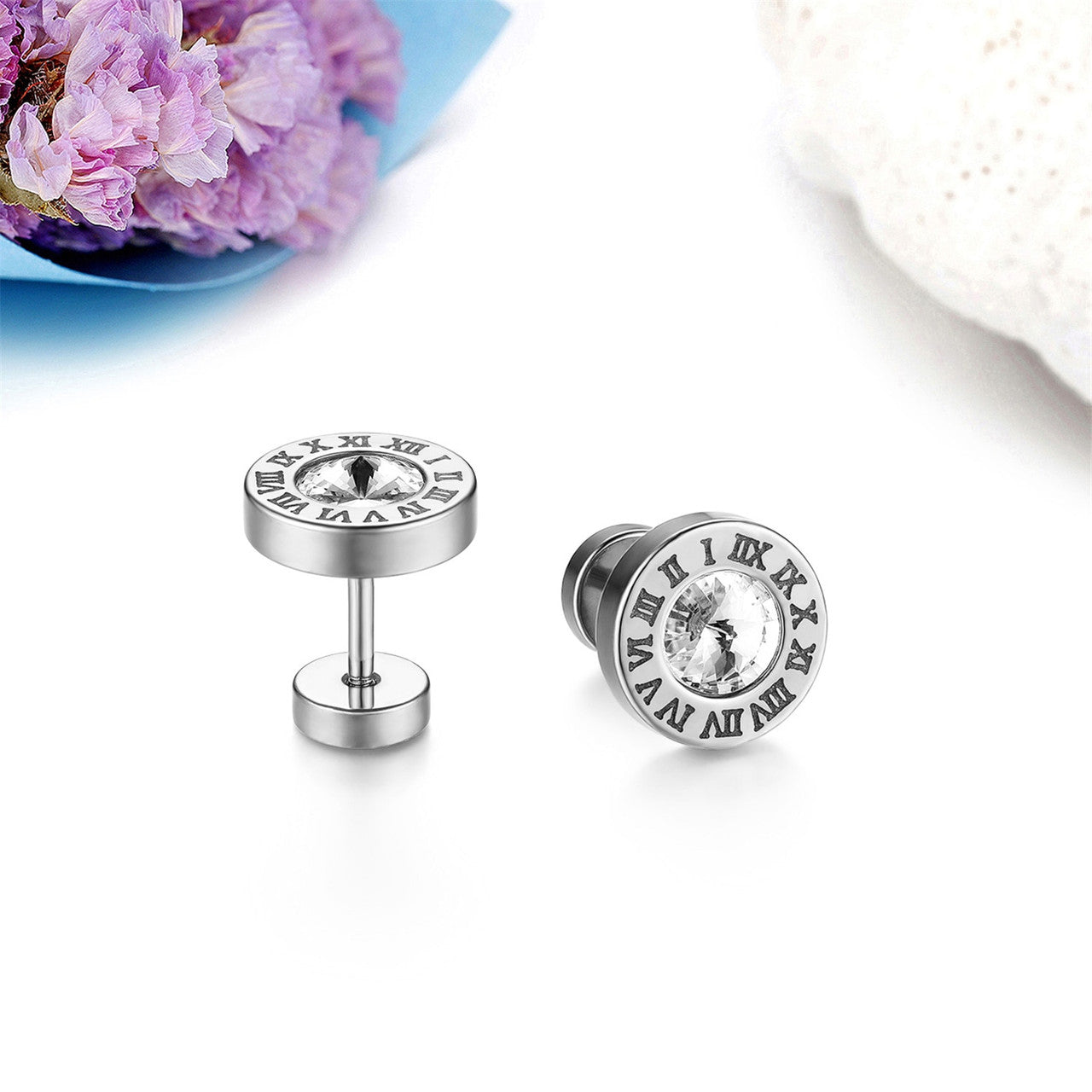 Gold Silver Rose Gold No Tarnish Bling Bling Roman Numeral Screw Back Earrings