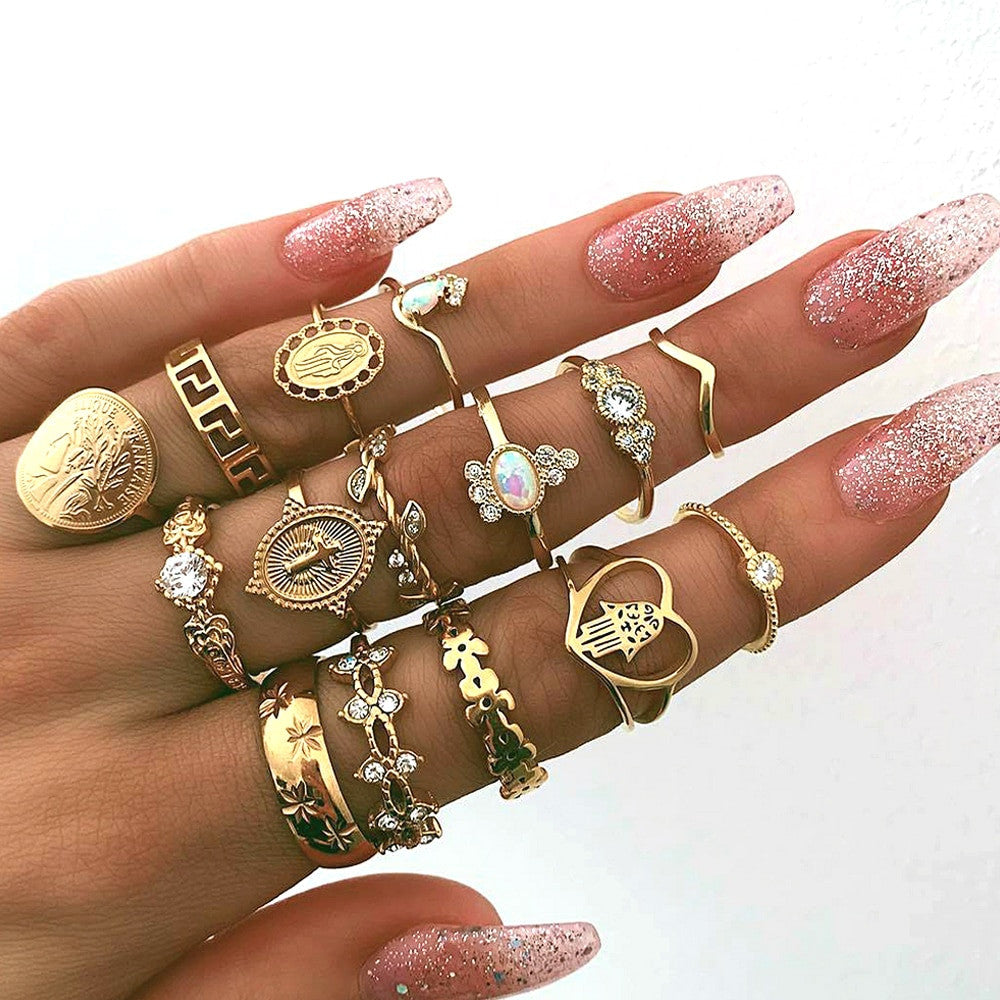 15 Piece Hearts Fatima Hand Virgin Mary Cross Ring Set Gold