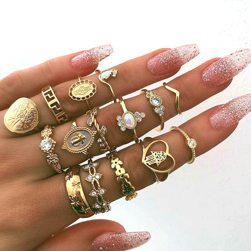 15 Piece Hearts Fatima Hand Virgin Mary Cross Ring Set Gold