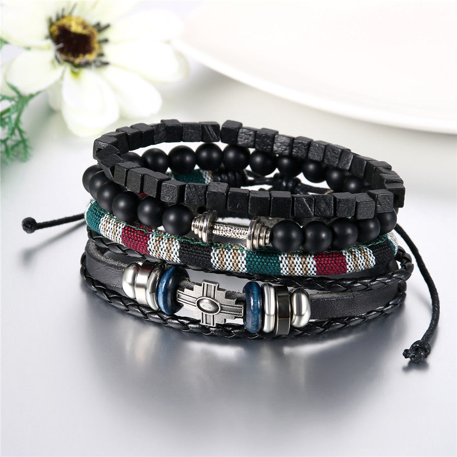 Street Wear Fashion Wooden Beaded Black Brown Leather Bracelets