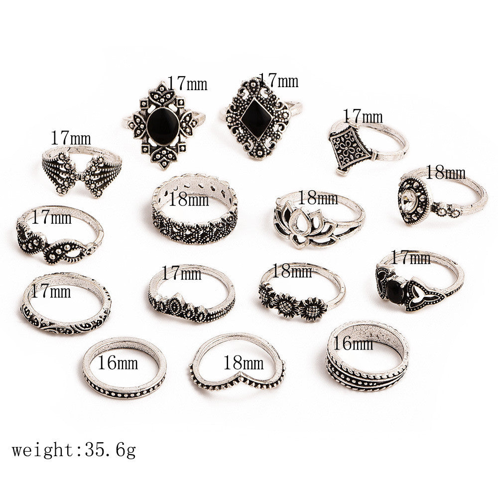 Ladies 15Pcs Bohemian Crystal Flower Leaves Hollow Lotus Silver Ring Set