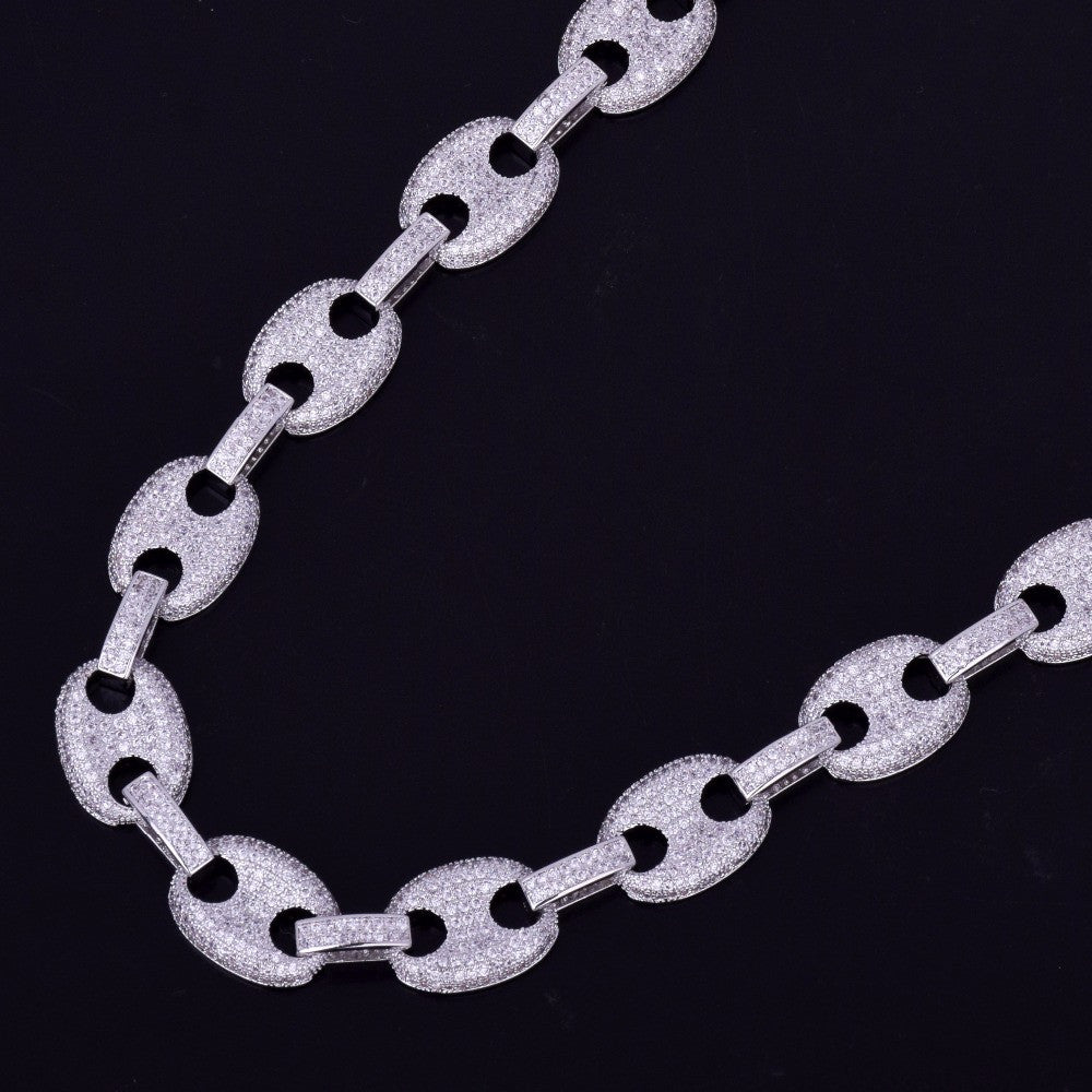 Mens Fooded Ice 12MM 18k Gold Silver Marine G Link Hip Hop Chain Necklace