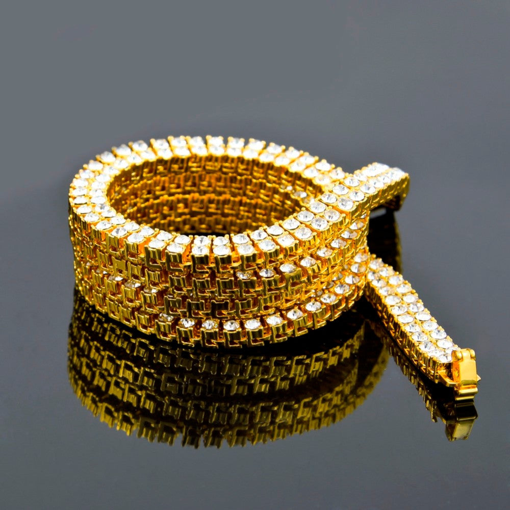 Mens Hip Hop Flooded Ice Bling 9mm 2 Row 14k Gold Silver Black Tennis Chain Necklace