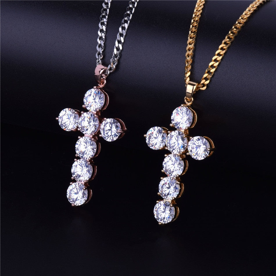 Luxe Stone |  24k .925 Silver Rose Gold Handset 5A Ice Stone Cross Pendant