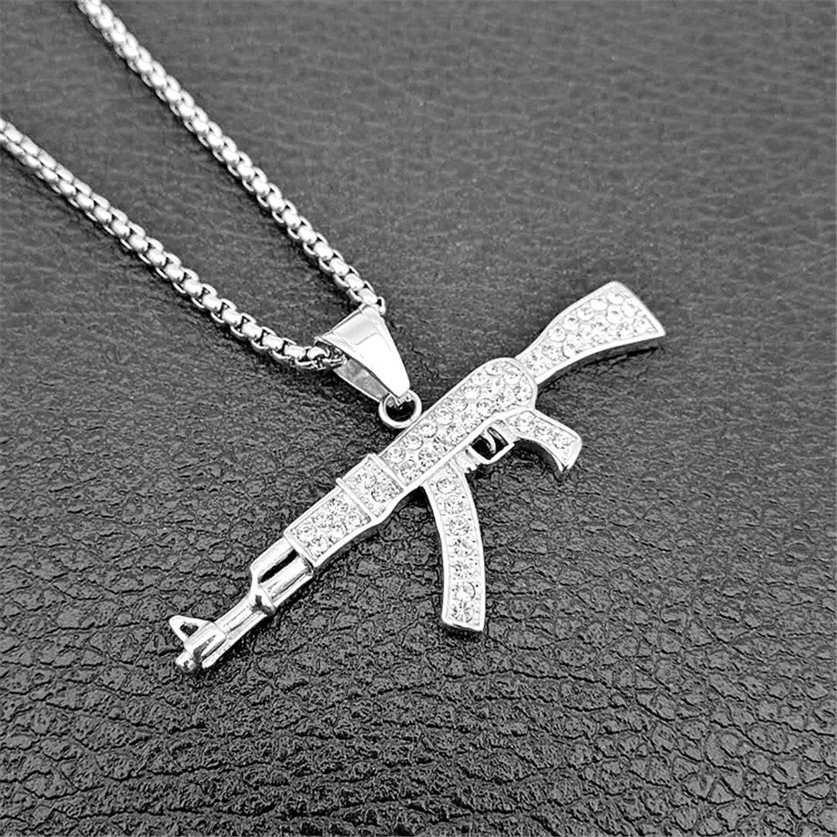 Flooded Ice AK47 Chopper Gun 14k Gold Stainless Steel Pendant Chain Necklace