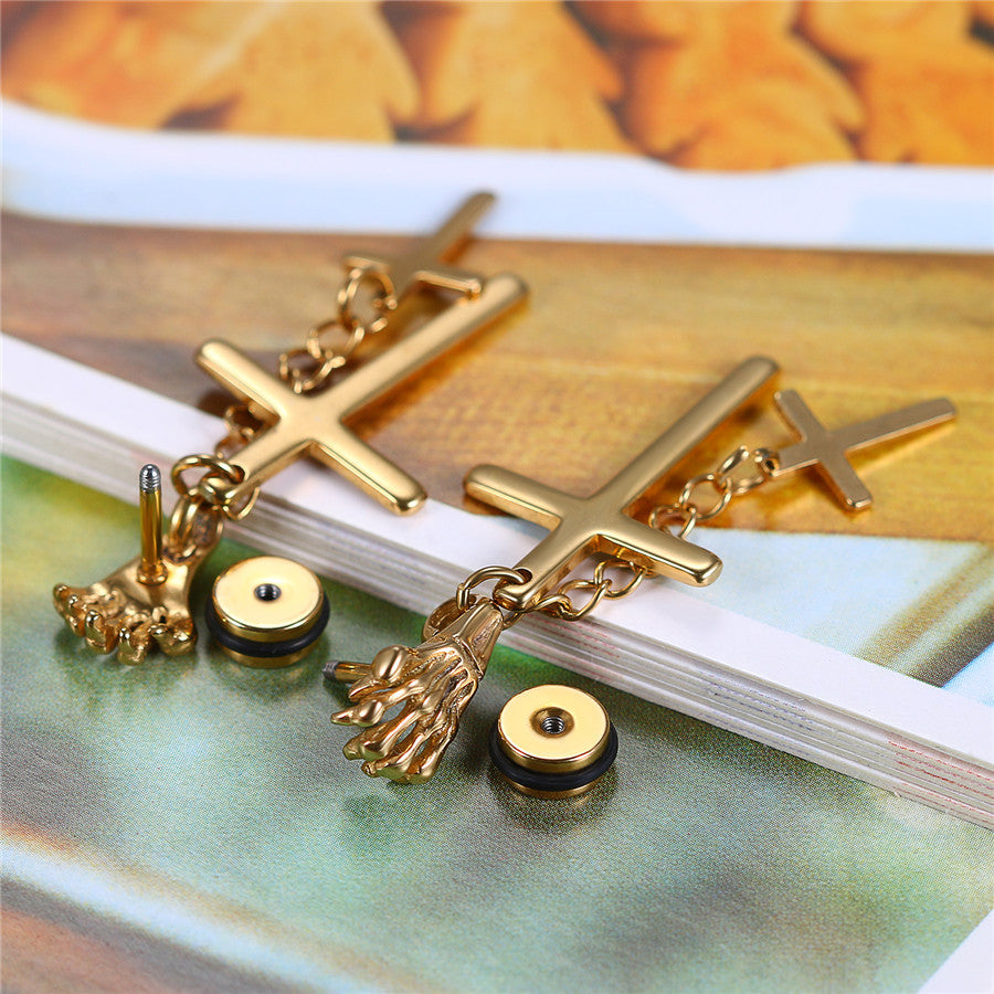 Skull Hand Stainless Steel No Fade Stainless Steel Cross Dangling Screw Back Earrings
