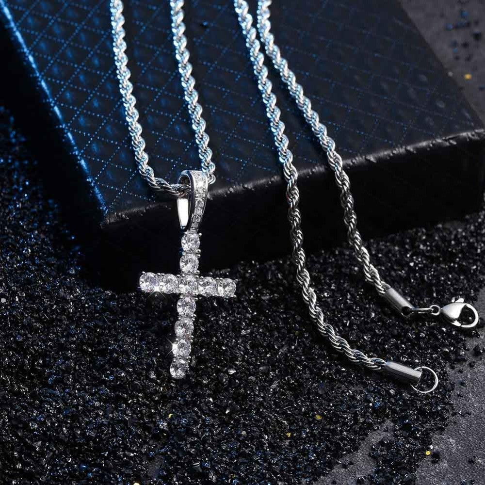 AAA Micro .925 Solid Sterling Silver Ultra Ice Cross Pendant Chain Necklace