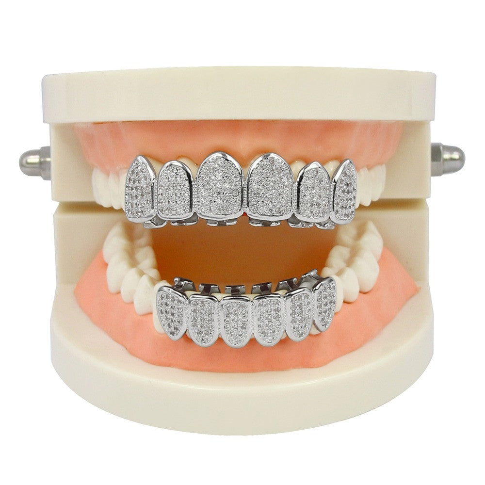 Classic 6 Tooth Teeth Micro Pave Iced Grillz Set Gold Silver Teeth Grillz Top Bottom