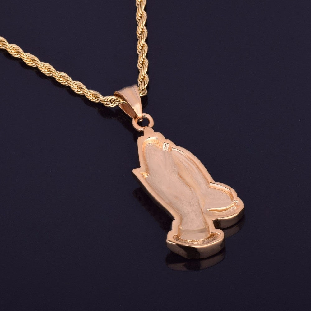 Golden Grace | 24k Gold Over Stainless Steel Cross Covered Prayer Hands Pendant