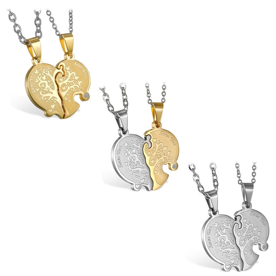 2 Piece Tree Of Life Heart  Couples Love No Fade Bling Stainless Steel Pendant Chain Necklace