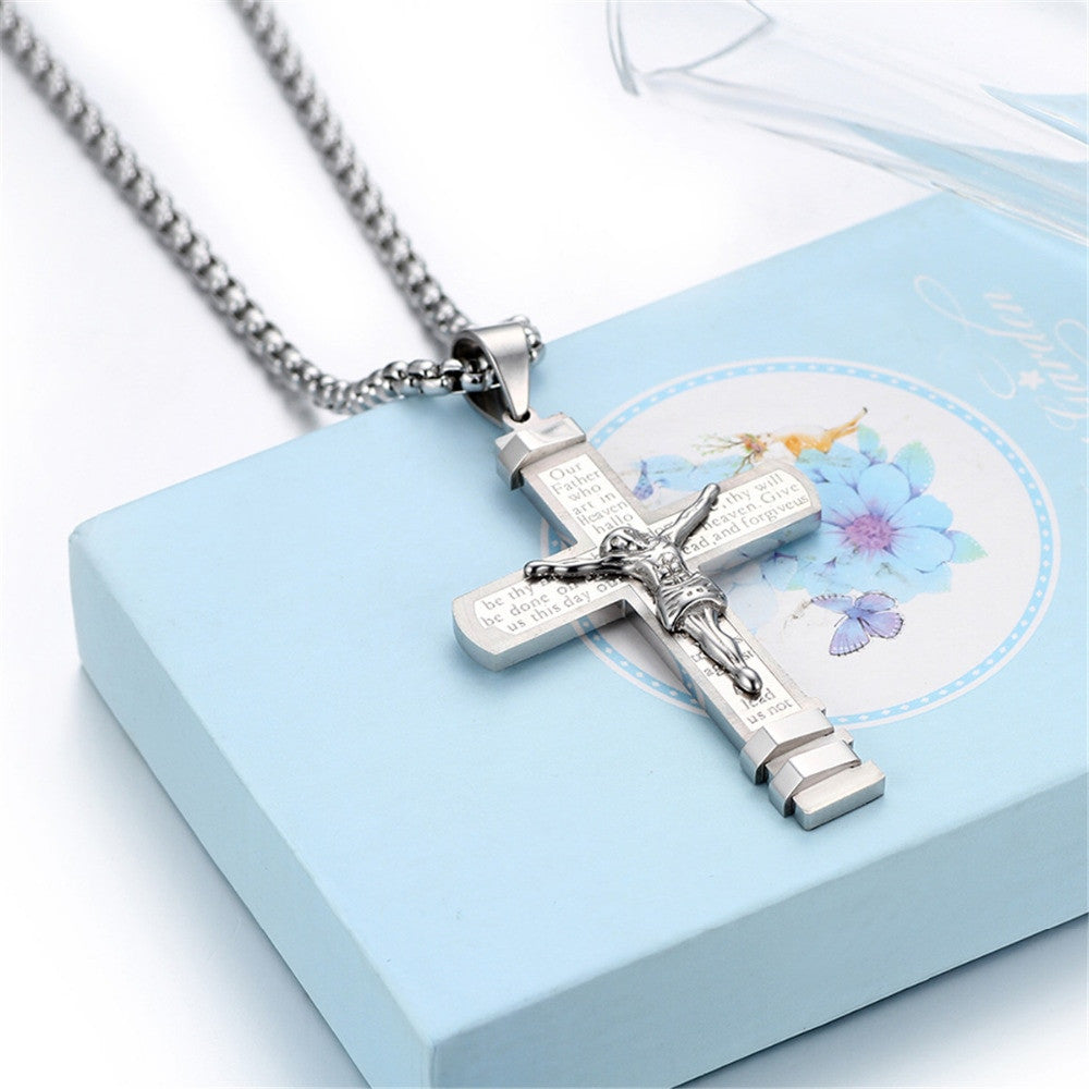 Mens Lords Prayer Layered No Fade Stainless Steel Jesus Crucifix Cross Pendant Chain