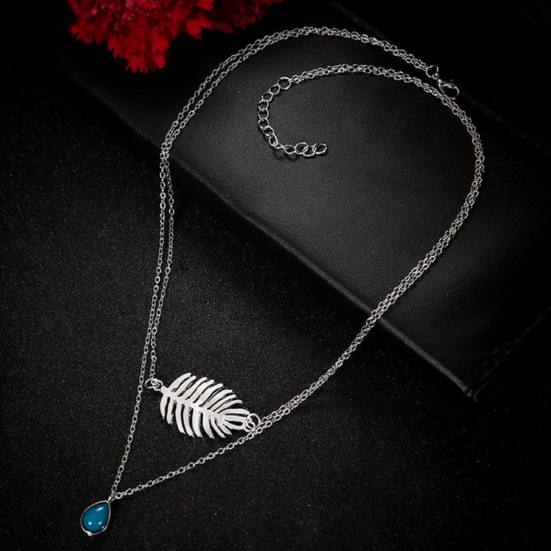 Boho Silver Leaf Water Drop Gem Multi Layer Chain Necklace Silver Set