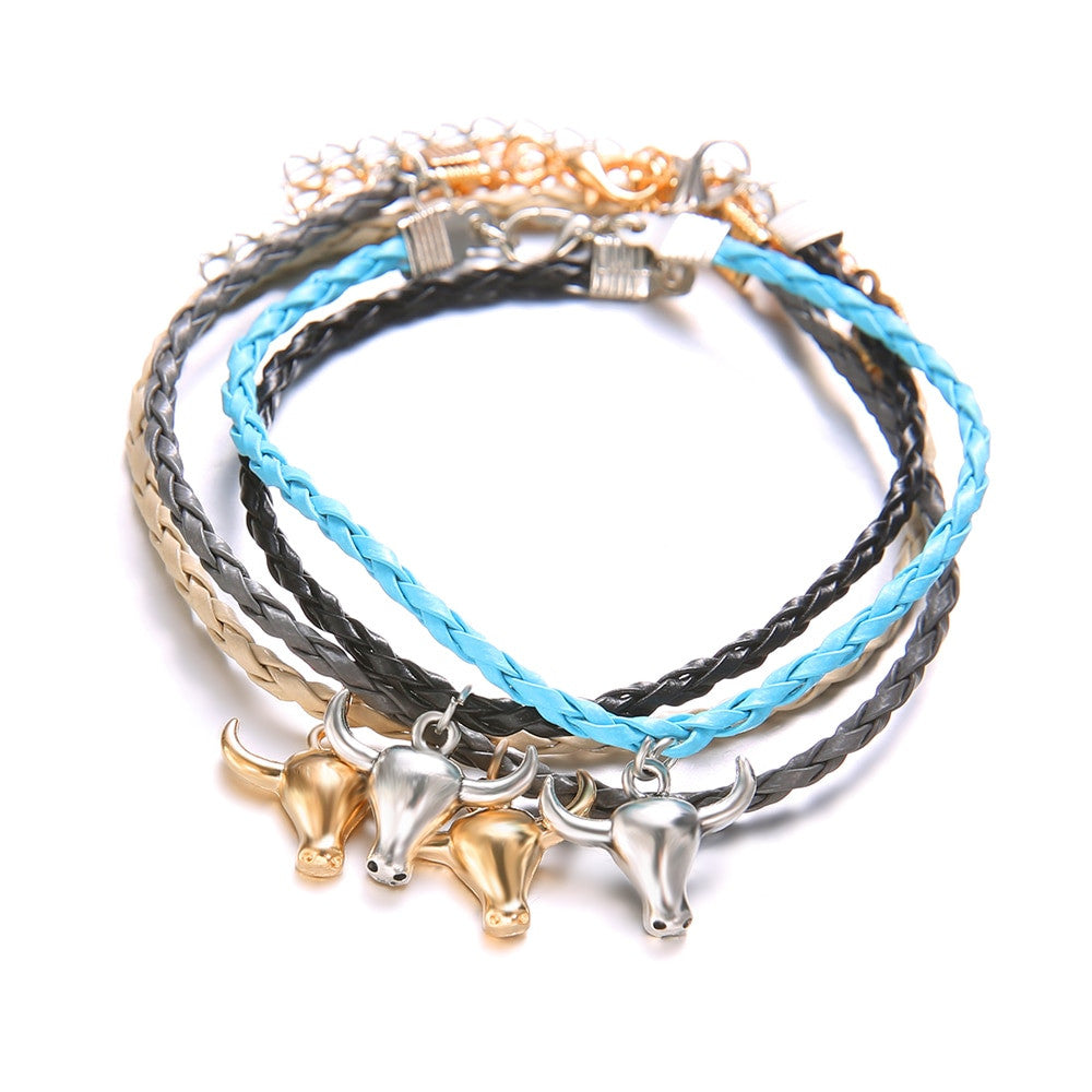 Boho Personality Girl Gold Silver Bull Skull Colorful Leather Braided Bracelet Set