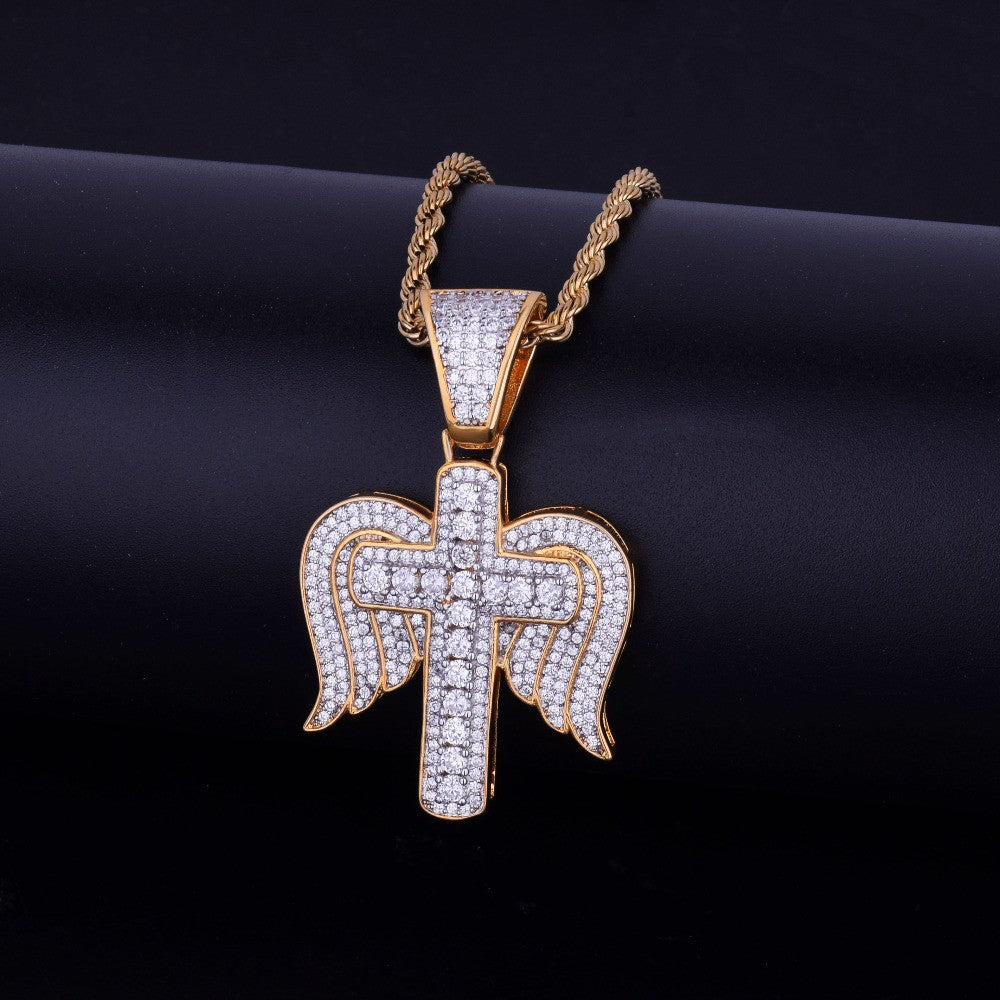 Flooded Ice 18k Gold .925 Silver Cross Angel Wings Hip Hop Necklace Chain Pendant