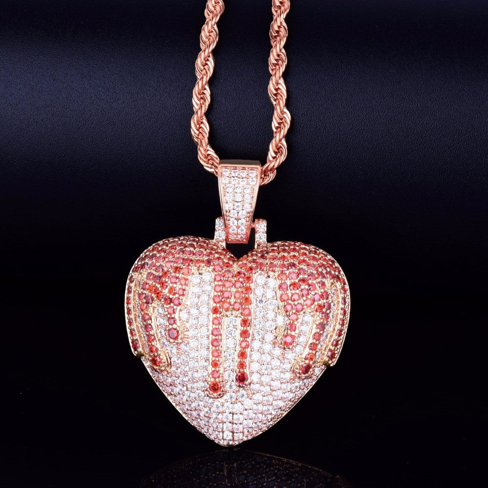 18k Rose Gold .925 Silver Blood Overflowing Heart AAA Micro Pave Hip Hop Pendant Chain Necklace