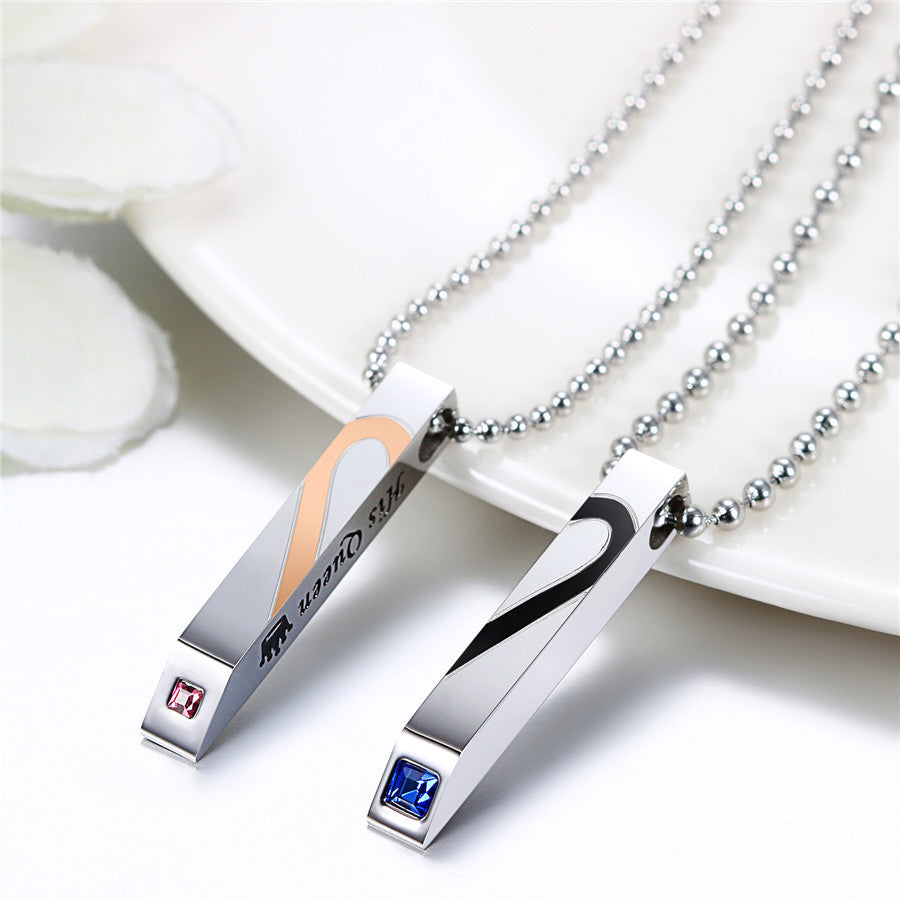 Mens Womens King Queen No Fade Stainless Steel Hearts CZ Stone Pendant Chains