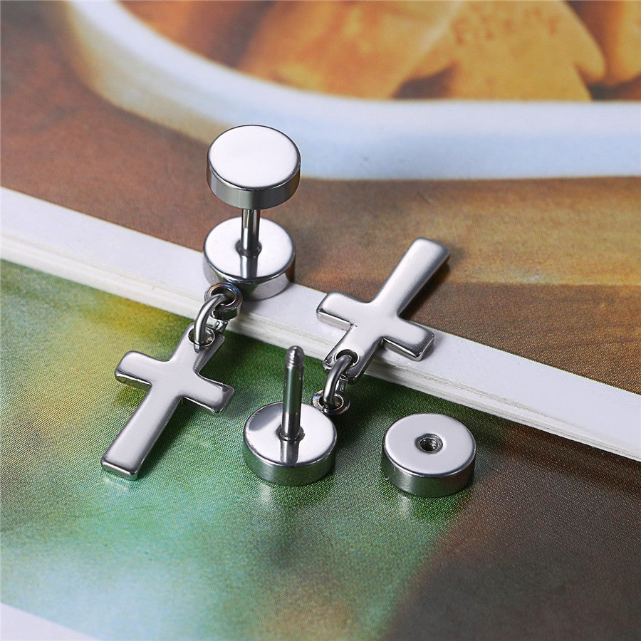 Silver Black over Solid No Tarnish Stainless Steel Cross Screw Back Dangle Earrings