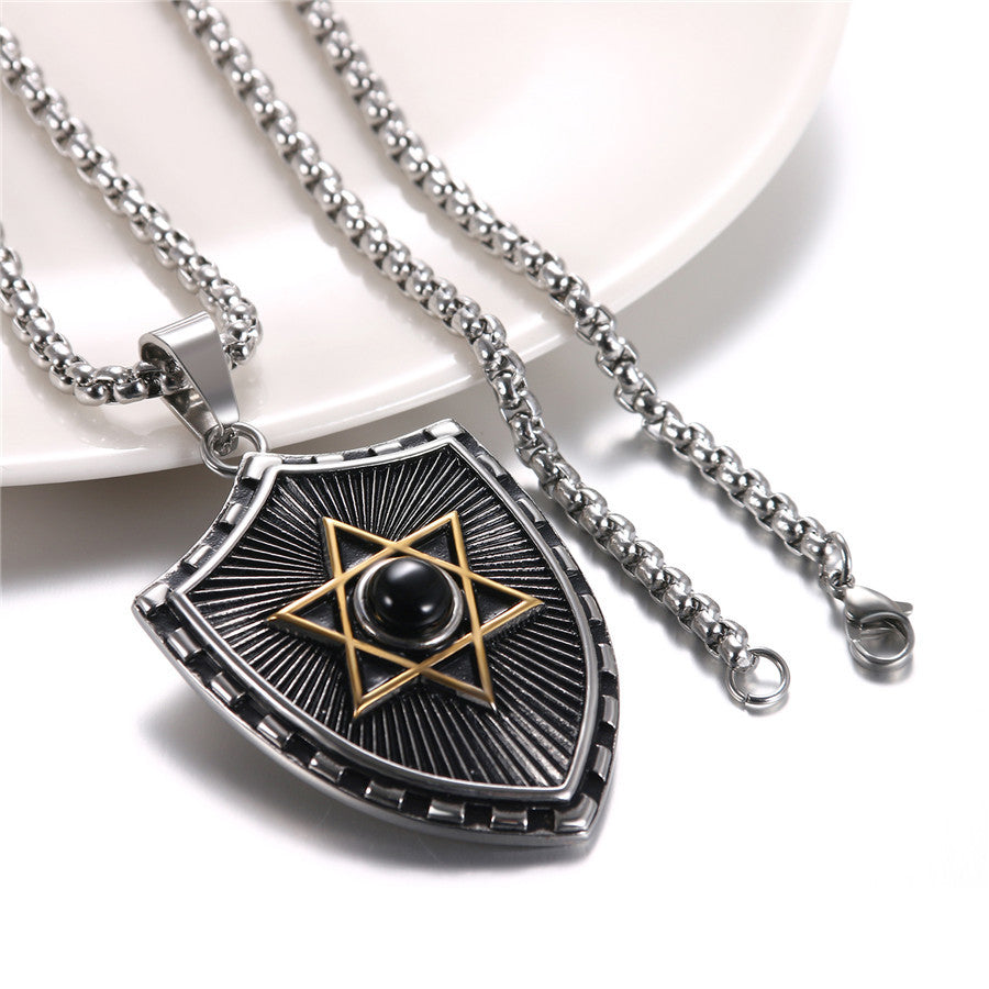 Mystical 6 Pointed Star Hexagram Crystal Shield Stainless Steel Pendant Chain Necklace