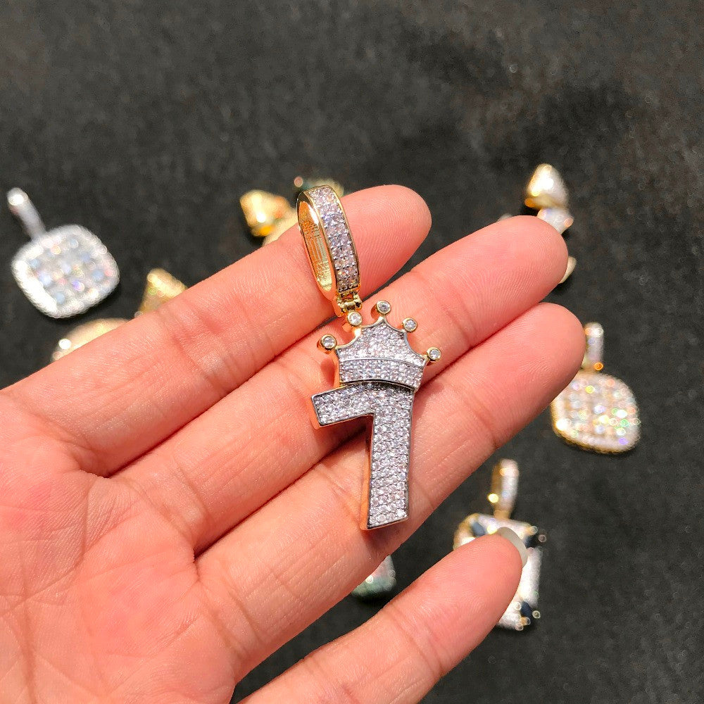 Kings Crown 18k Gold 925 Silver Lucky Number 7 AAA True Micro Pave Flooded Ice Chain