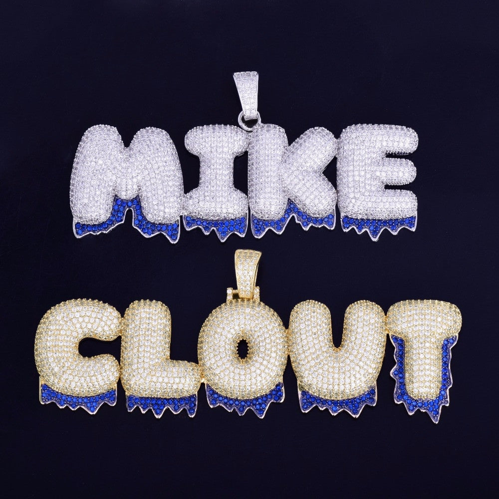 名入れ♡バゲット キラキラ ヒップホップ イニシャル ネックレス ブルー 手作り Blue Drip | Micro Pave Hip Hop Custom Name Plate Graffiti Letters