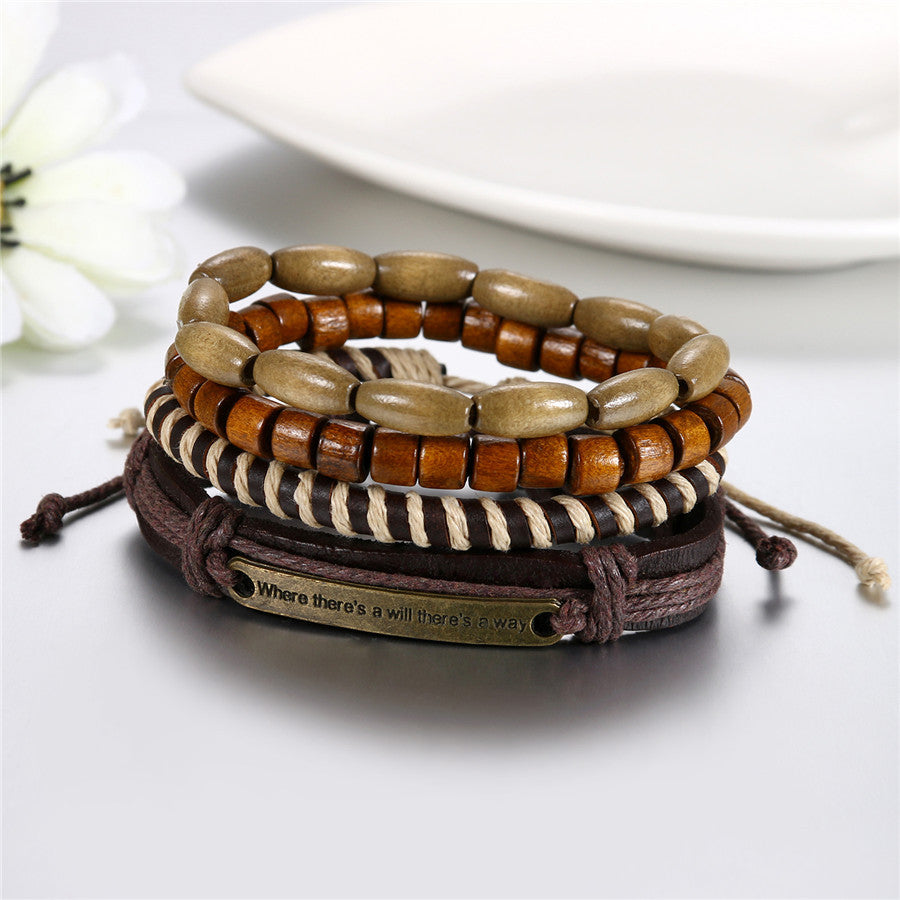 Street Wear Fashion Wooden Beaded Black Brown Leather Bracelets