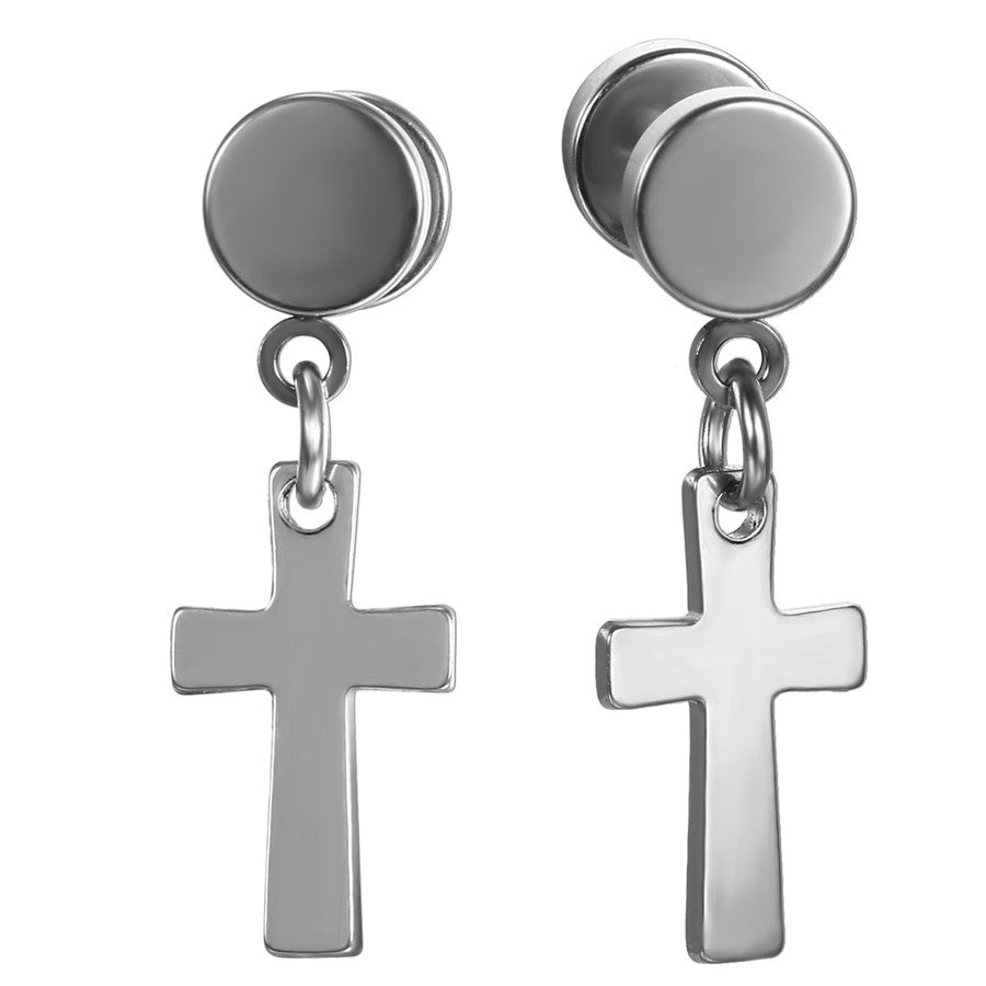 Silver Black over Solid No Tarnish Stainless Steel Cross Screw Back Dangle Earrings