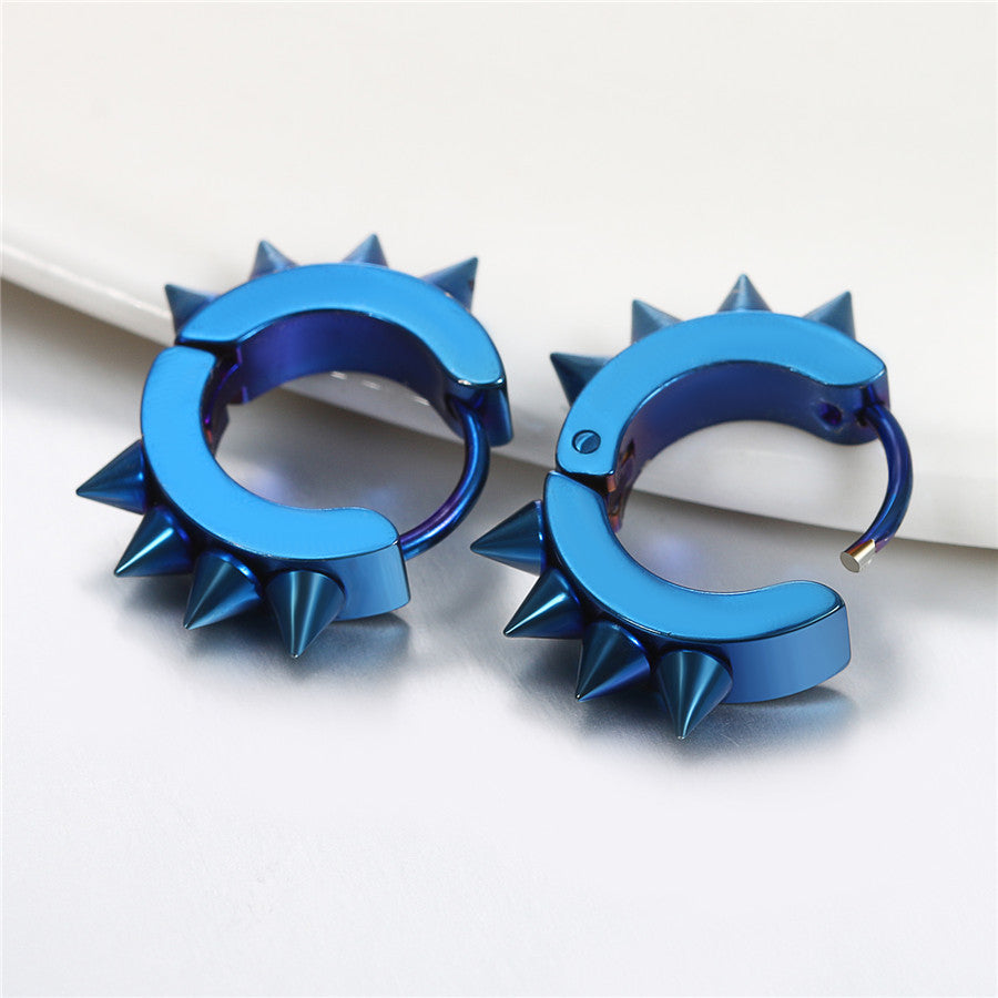 Street Wear Punk Gold Black Blue over Stainless Steel Spike Rivet Huggie Earrings
