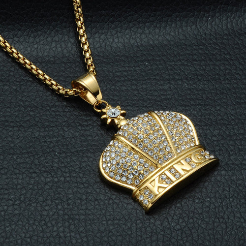 14k Gold Flooded Ice King Crown AAA Stone Stainless Steel Hip Hop Pendant