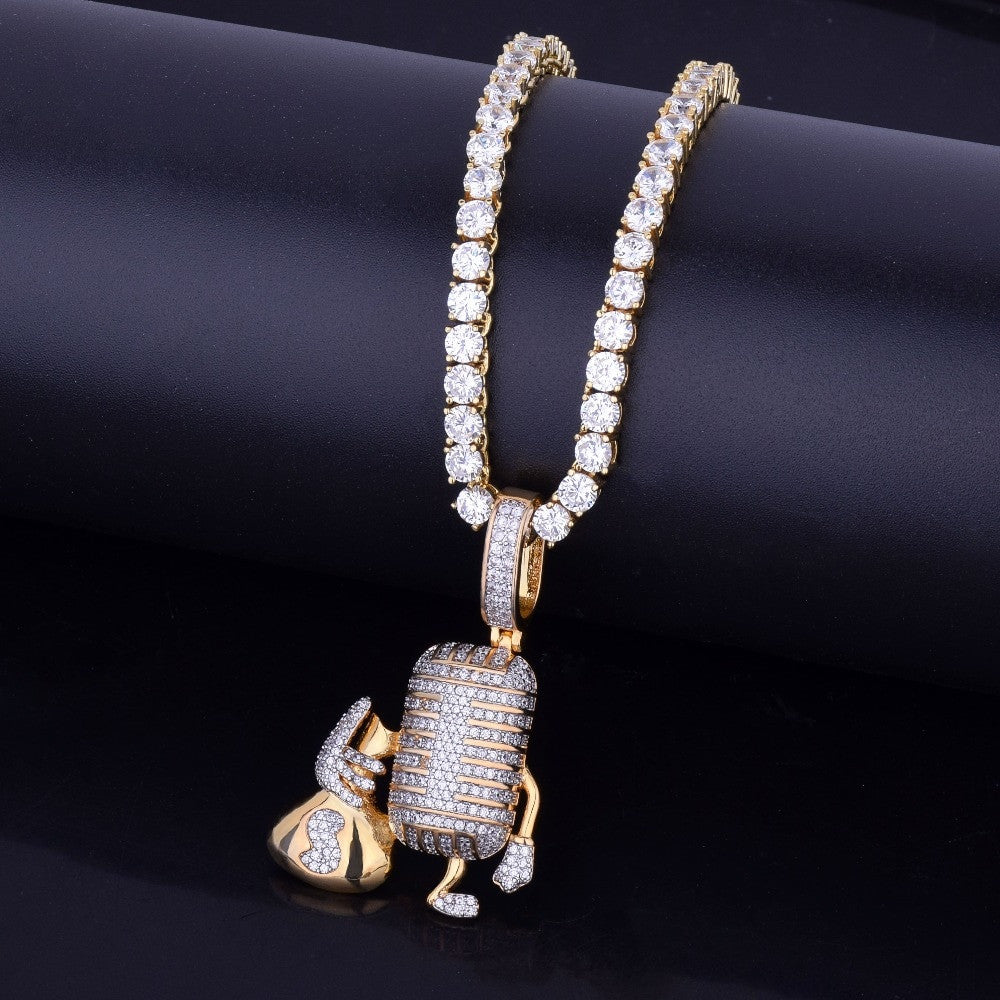 18k Gold .925 Silver Microphone Money Bag Hip Hop Pendant Chain Necklace