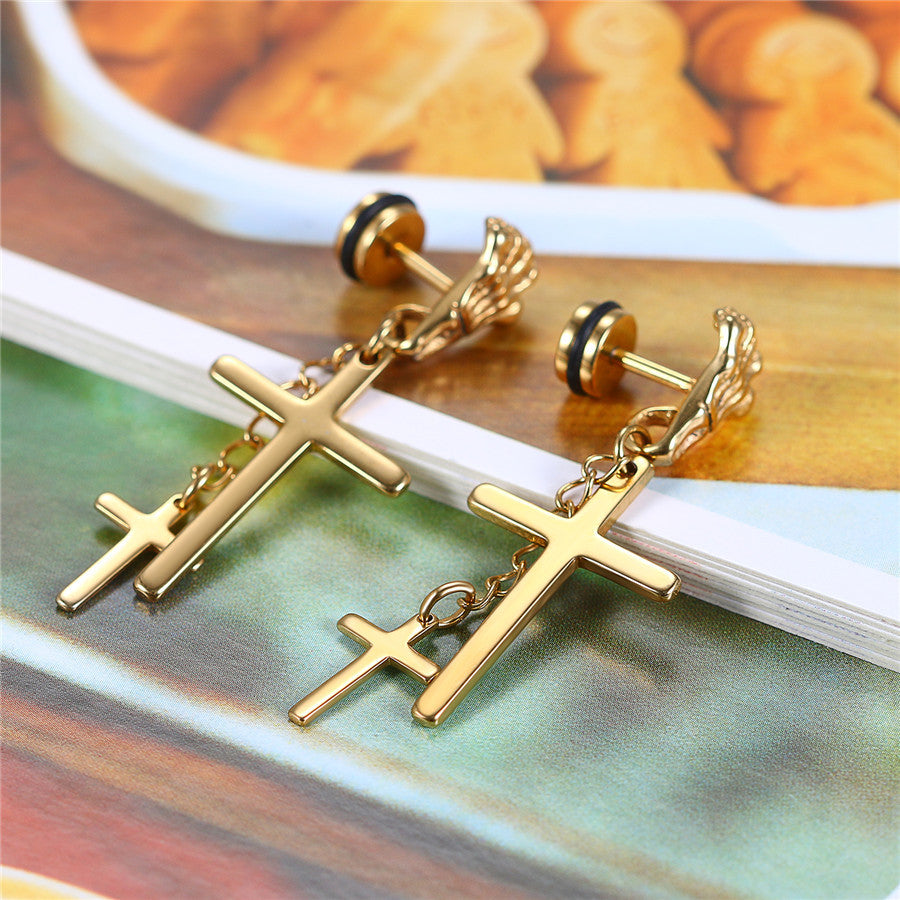 Hand Of God Stainless Steel No Fade Stainless Steel Cross Dangling Screw Back Earrings