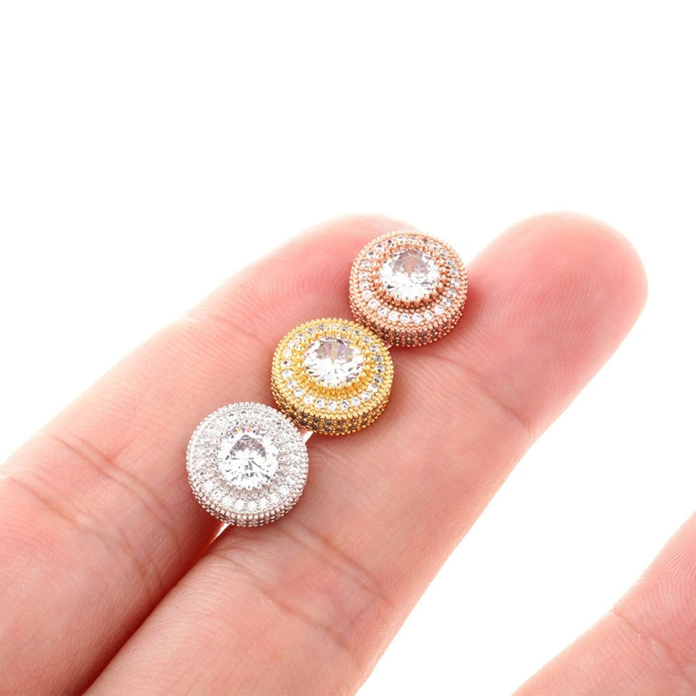 Hip Hop AAA Micro Pave Flooded Ice Bling Stud 14k Gold Silver Rose Gold Earrings
