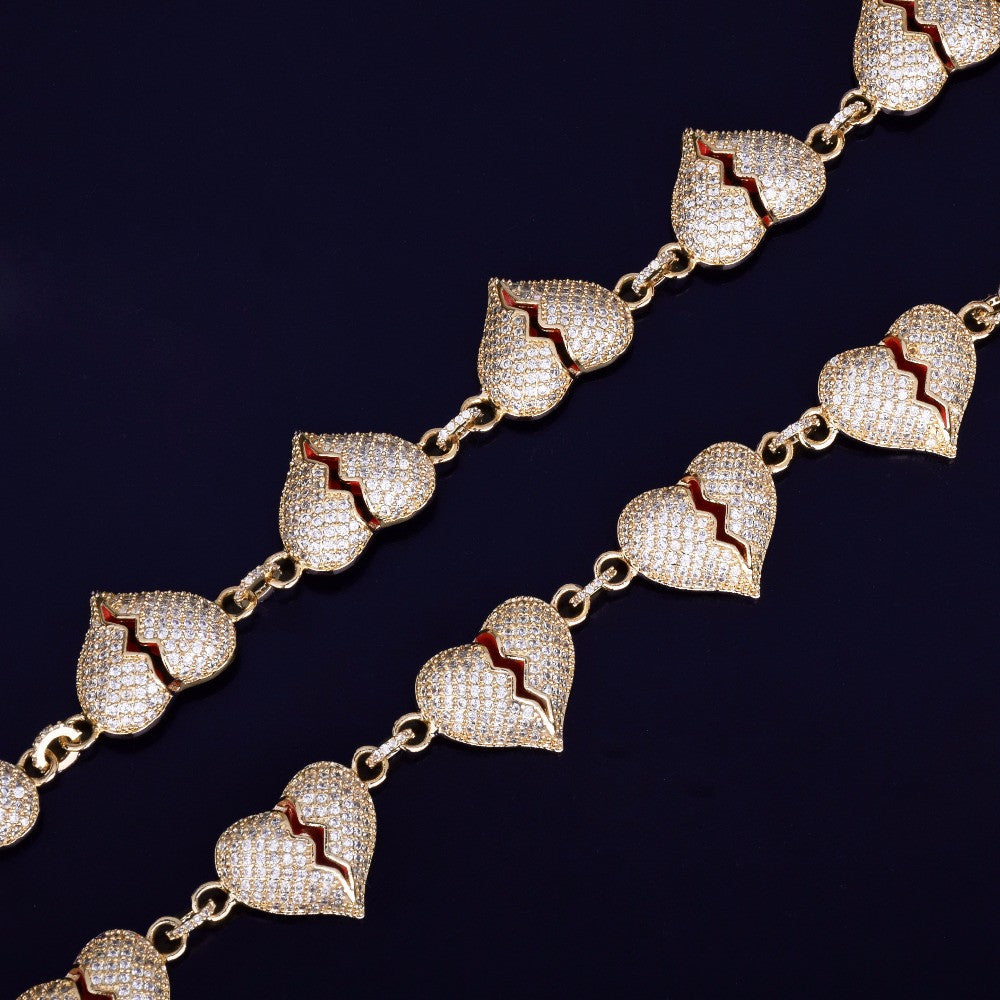 Flooded Ice Broken Heart Breaker 18k Gold .925 Silver Bling AAA True Micro Pave Hip Hop Chain