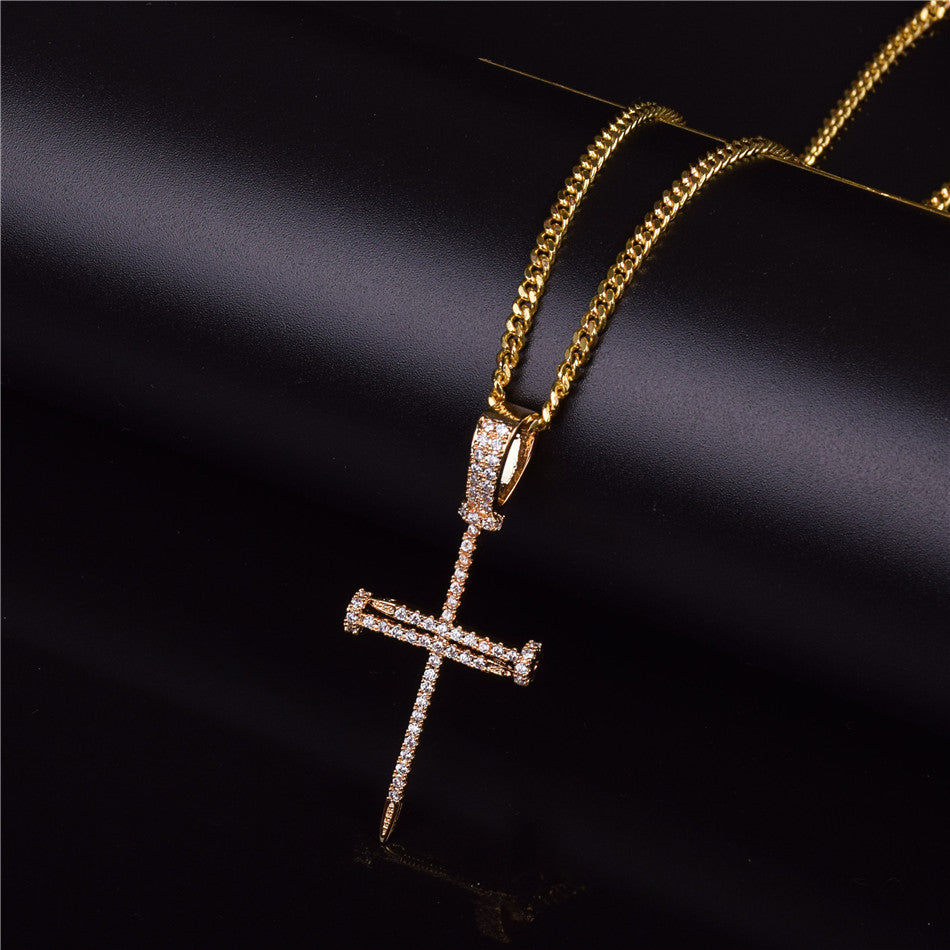22k Gold .925 Silver Jesus Nails AAA Micro Pave Cross Pendant Chain Necklace
